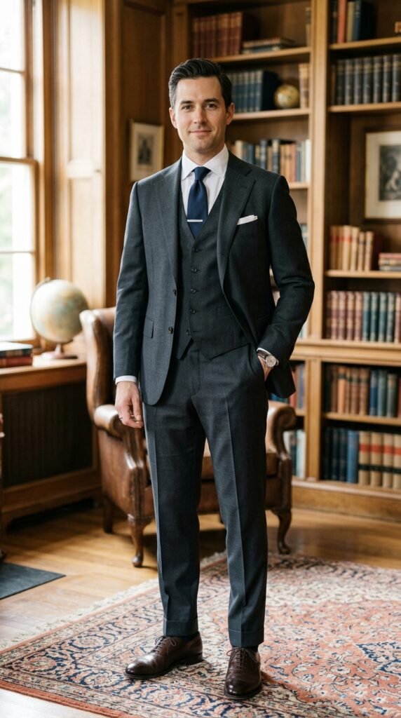 This image captures a stylishly dressed businessman standing in a high-end office library, exuding confidence and sophistication. The room is adorned with rich wood paneling, a large bookshelf, and a comfortable leather chair, creating a warm and inviting atmosphere. The man's tailored suit, crisp white shirt, and elegant tie convey a sense of professionalism and success. The overall scene presents a compelling portrait of a successful individual in a luxurious setting, perfect for use in business and finance-related contexts.