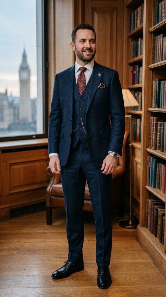 This image captures a stylishly dressed businessman standing in a high-end office with a stunning city view. He exudes confidence and professionalism, wearing a sleek navy blue suit, crisp white shirt, and patterned tie. The office features rich wood accents, a large window with a picturesque view, and a cozy reading nook with a lamp and leather chair. The overall atmosphere is one of sophistication and refinement, perfect for corporate or executive settings.