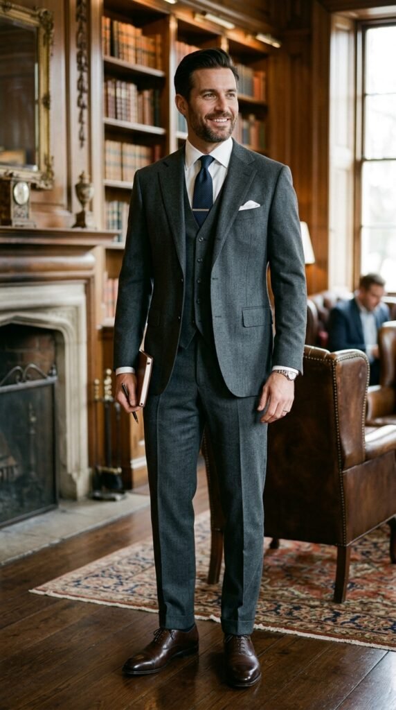 This image captures a successful businessman standing proudly in a high-end office library. He is dressed in a sleek gray suit, complemented by a crisp white shirt and a dark blue tie. The luxurious setting features a large bookshelf, a stone fireplace, and a comfortable brown leather chair. The atmosphere exudes professionalism, sophistication, and elegance, making it perfect for use in business and finance-related contexts.
