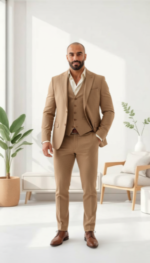 Men's 3 piece Khaki suit for Formal Wedding Events