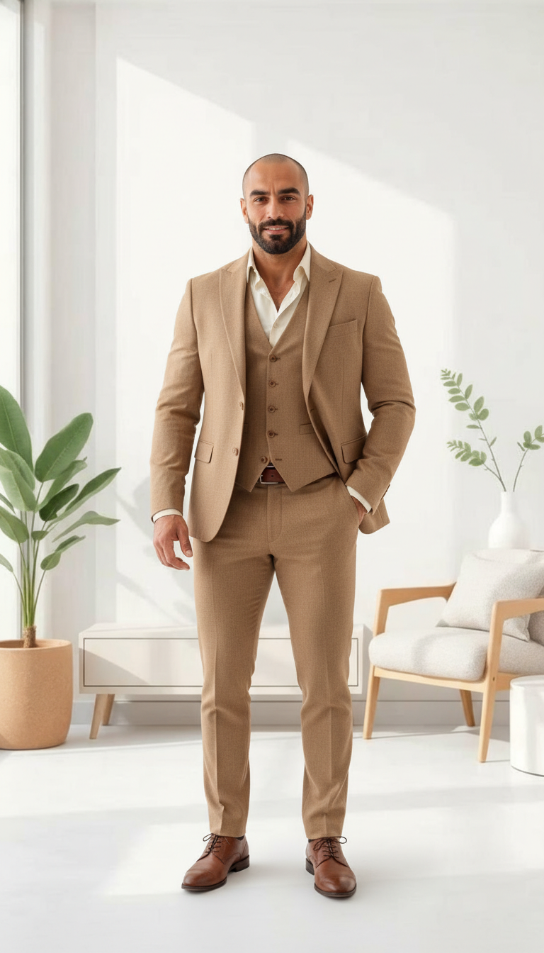 Men’s 3 piece Khaki suit for Formal Wedding Events