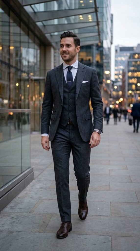 This image captures a confident businessman walking down a city sidewalk, exuding a sense of professionalism and style. He is dressed in a modern, dark gray suit, complete with a vest, tie, and dress shoes. His attire is impeccable, and his body language conveys a sense of purpose and leadership. The urban background features tall buildings and a bustling cityscape, with people walking in the distance. The image is perfect for use in business and finance-related contexts, such as corporate websites, marketing materials, and presentations.