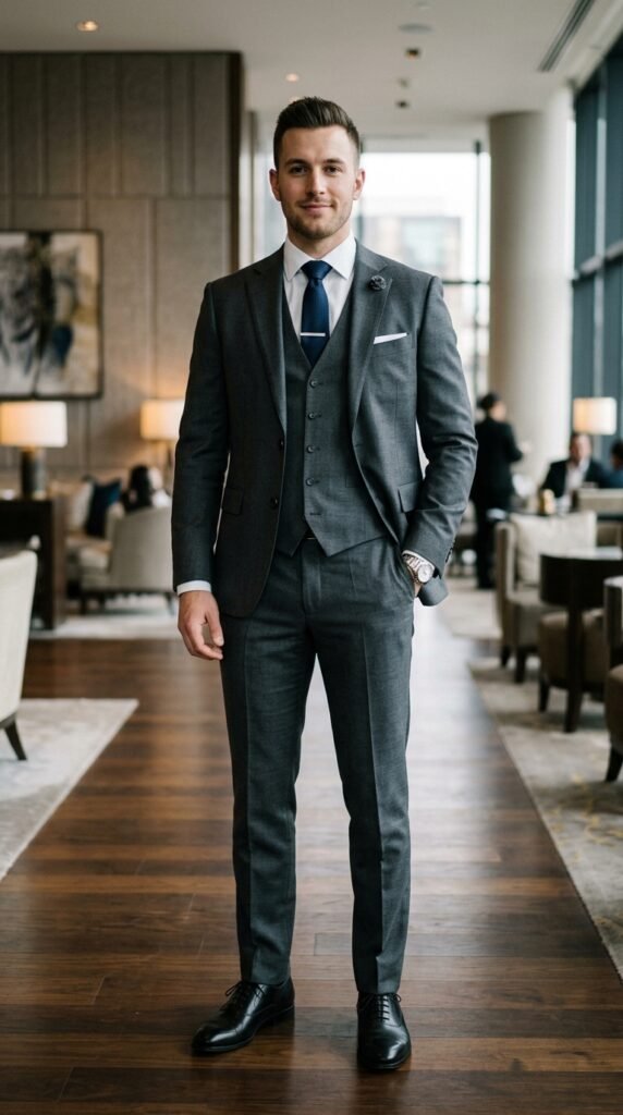 This image captures a confident businessman standing in a modern office lobby with a stylish interior. He is dressed in a gray suit, complete with a vest, tie, and black leather shoes. The lobby features a dark wood floor, white columns, and large windows that let in plenty of natural light. The atmosphere is professional and elegant, with comfortable seating areas and modern decor in the background. The image conveys a sense of luxury and sophistication, making it perfect for use in corporate marketing materials or business presentations.