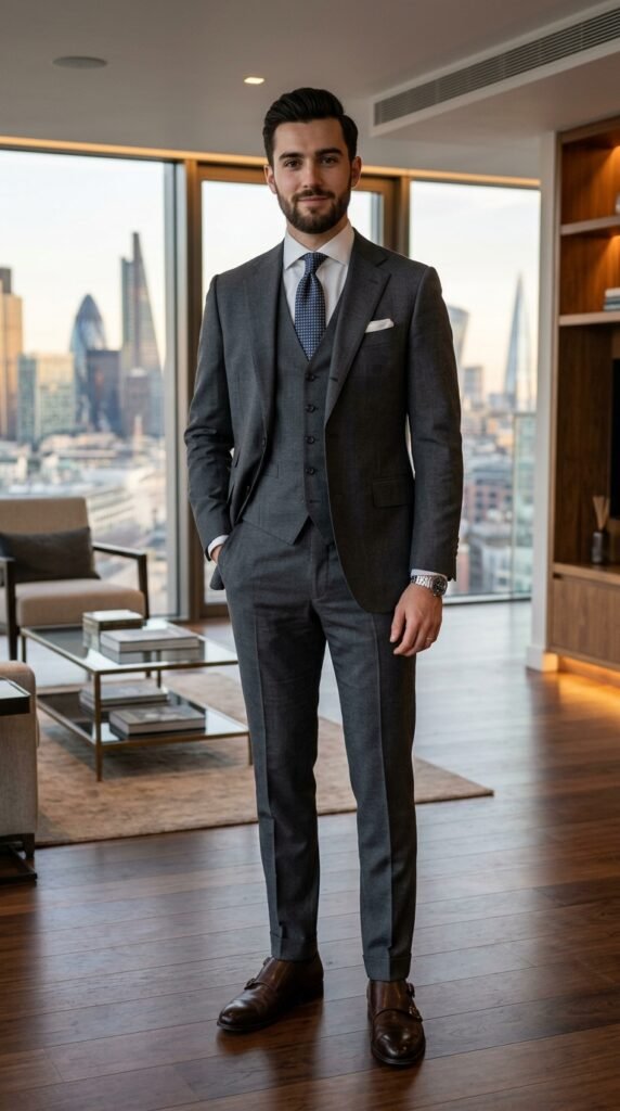 This image captures a confident businessman standing in a modern office with a stunning city view. He is dressed in a sleek gray suit, complemented by a crisp white shirt, a patterned blue tie, and a pocket square. His dark hair is neatly styled, and he sports a short beard. The office features a minimalist aesthetic with a wooden floor, a brown rug, and a few pieces of contemporary furniture. The large windows behind him offer a breathtaking view of the city skyline, adding a sense of grandeur to the scene. The overall atmosphere exudes professionalism and success, making this image perfect for use in business-related contexts.