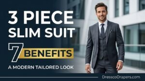 This image captures a confident businessman walking in a modern city, dressed in a slim three-piece suit. The man's attire is sleek and professional, exuding an air of success and sophistication. The urban background, with its contemporary architecture, complements the businessman's stylish outfit, creating a visually appealing scene that conveys a sense of modernity and elegance. The image is perfect for use in advertising, marketing materials, or editorial content related to business, fashion, and professional development.