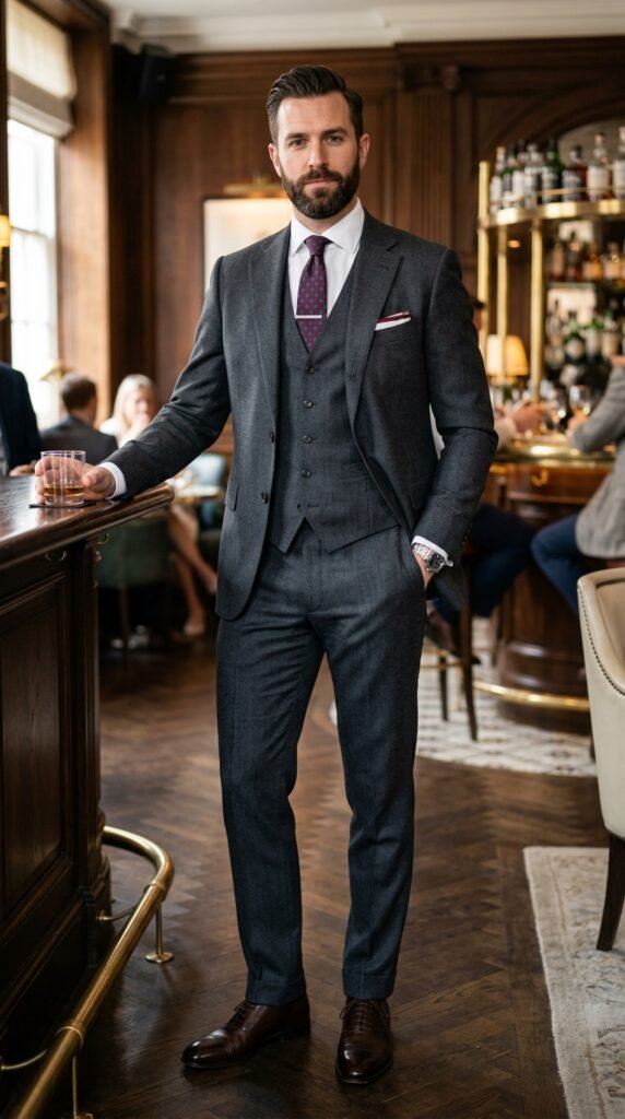 This image captures a stylishly dressed businessman standing at a bar, exuding confidence and sophistication. He is impeccably attired in a dark suit, complemented by a crisp white shirt and a tie. The luxurious setting, complete with a well-stocked bar and comfortable seating, suggests a high-end establishment such as a hotel lounge or upscale pub. The atmosphere is refined and elegant, making it an ideal setting for business meetings or social gatherings.