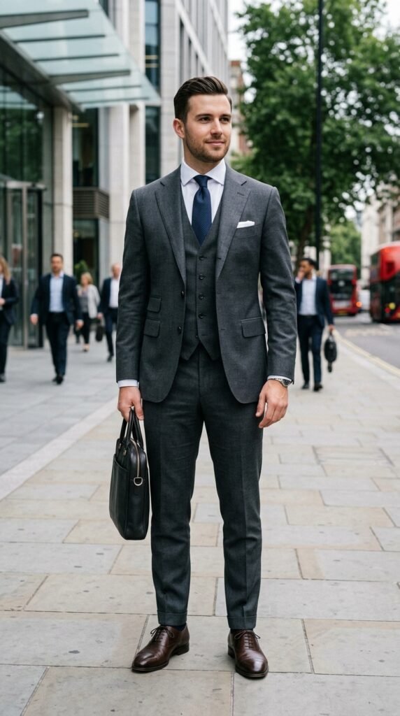 This image captures a well-dressed businessman walking confidently down a city sidewalk during the day. He is wearing a sleek gray suit, complete with a crisp white shirt, navy blue tie, and polished brown shoes. His dark hair is neatly styled, and he carries a black briefcase in one hand. The background is blurred, but it appears to be a bustling urban area with trees, buildings, and other pedestrians. The overall atmosphere suggests a sense of professionalism and sophistication, making this image suitable for use in business or finance-related contexts.