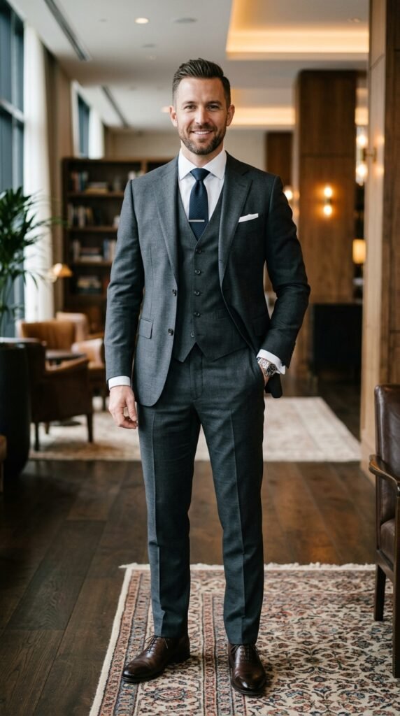 This image features a well-dressed businessman standing confidently in a luxurious office lobby. He is wearing a stylish gray suit, white shirt, and dark tie, and has a charming smile on his face. The lobby is decorated with elegant furniture, a large window, and a beautifully designed carpet. The atmosphere is professional and sophisticated, suggesting a high-end office building or luxury hotel. The image conveys a sense of success, leadership, and professionalism, making it suitable for use in business and corporate contexts.