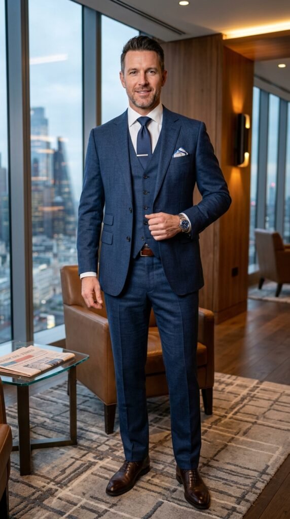 This image captures a confident businessman standing in a modern office with a stunning city view. He is dressed in a navy blue suit, white shirt, and dark tie, exuding professionalism and style. The office features large windows, a brown leather chair, and a glass table with books. The atmosphere is one of luxury and sophistication, perfect for corporate and business-related applications.
