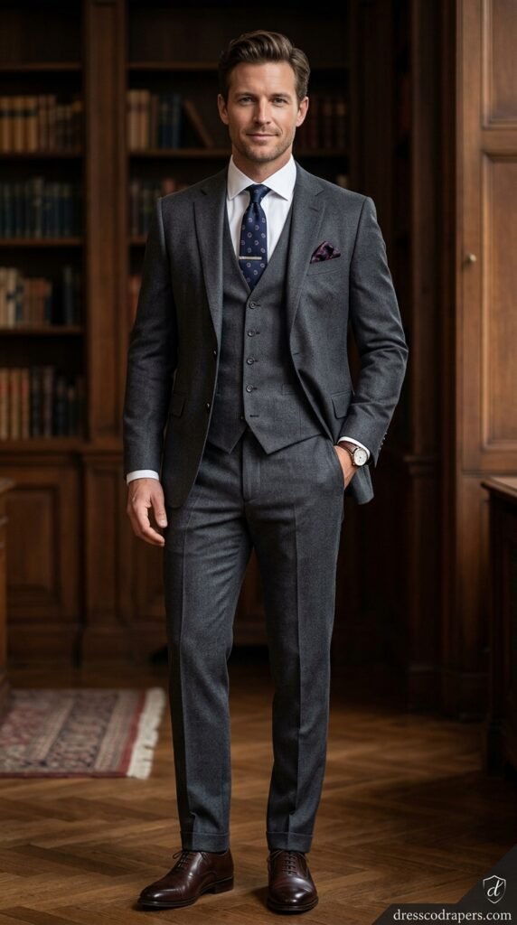 This image features a confident businessman standing in a luxurious office with a bookshelf behind him. He is dressed in a gray three-piece suit, complete with a vest, tie, and pocket square. His hands are casually placed in his pockets, and he wears a watch on his left wrist. The office features a wooden floor, a rug, and a large bookshelf filled with books. The atmosphere is professional and elegant, suggesting a high-end corporate setting. The man's serious expression and sharp attire convey a sense of authority and success.