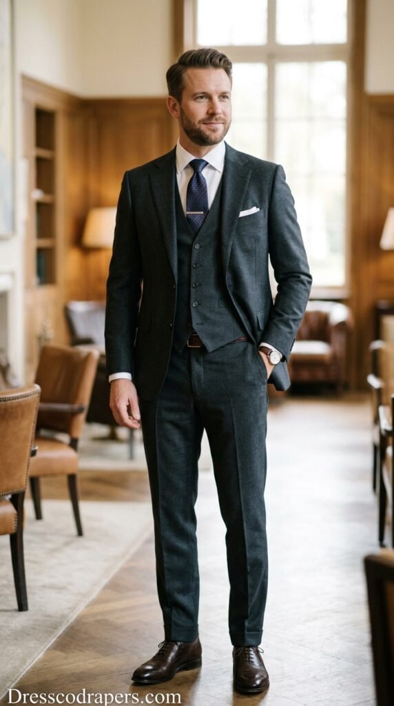 This stock photo features a stylishly dressed businessman standing in a luxurious office environment. He is wearing a dark gray suit with a white shirt, dark tie, and pocket square. His left hand is casually placed in his pocket, while his right hand hangs by his side. The office background is blurred, but it appears to be a high-end space with large windows, wooden paneling, and elegant furniture. The overall atmosphere of the image exudes confidence, professionalism, and sophistication, making it suitable for use in various business-related contexts, such as corporate websites, marketing materials, or presentations.