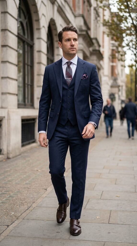 This image captures a confident businessman walking down a city street, dressed in a navy blue suit, white shirt, and tie. He exudes professionalism and style, with a watch on his wrist and a pocket square in his breast pocket. The urban background features a blurred cityscape with people walking in the distance, adding a sense of movement and activity to the scene. The image conveys a sense of career success, leadership, and entrepreneurship, making it suitable for use in business and finance contexts.