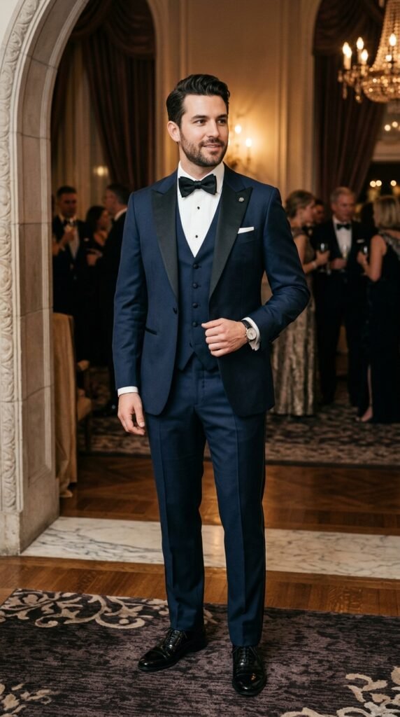 This image captures a stylish and confident man dressed in a navy blue tuxedo, standing in a grand event space. The luxurious atmosphere is evident in the ornate archway, chandelier, and elegant decor. The man's outfit is meticulously detailed, from his bowtie to his leather shoes, exuding sophistication and fashion sense. The background guests add a sense of occasion, suggesting a high-end event or celebration. The overall mood is one of refinement and poise, making this image suitable for use in various commercial contexts, such as advertising, marketing, or editorial content.