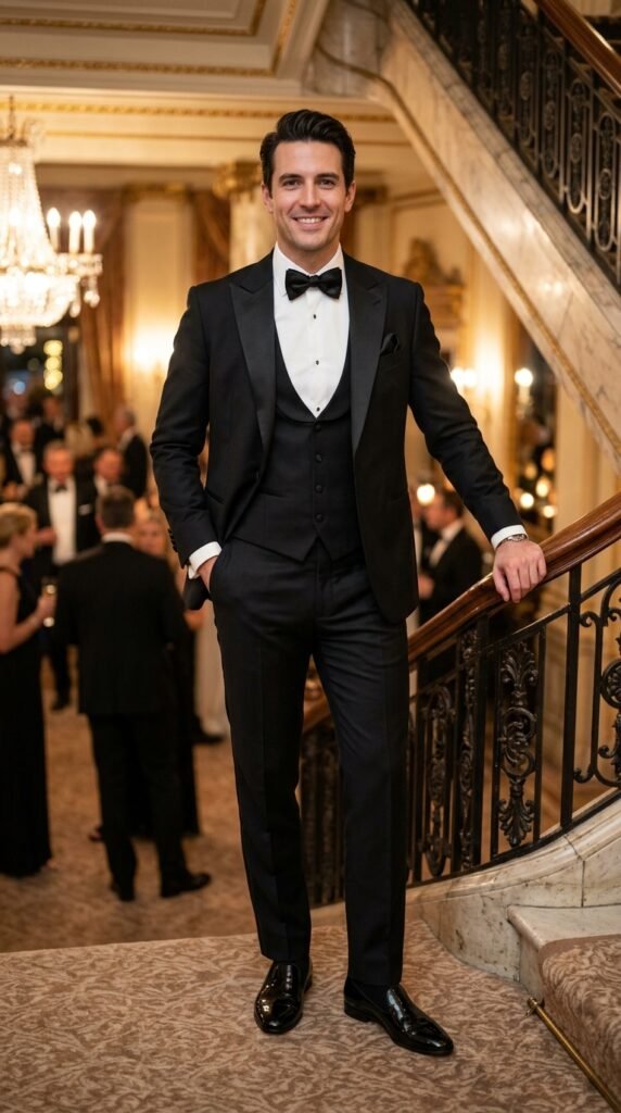 This image captures a man exuding confidence and sophistication as he stands on a luxurious staircase at a formal event. He is dressed in a sleek black tuxedo, complete with a crisp white shirt and a black bowtie. The staircase, with its elegant railing and chandelier-lit background, adds to the sense of luxury and refinement. The crowd of people in the background suggests a lively and celebratory atmosphere, while the man's smile and pose convey a sense of happiness and style. This image would be perfect for use in advertising, marketing, or editorial content related to fashion, luxury, or formal events.