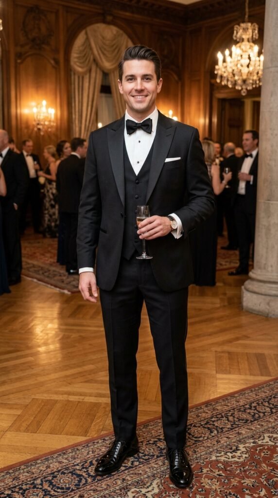 A well-dressed man in a tuxedo standing confidently in a modern building