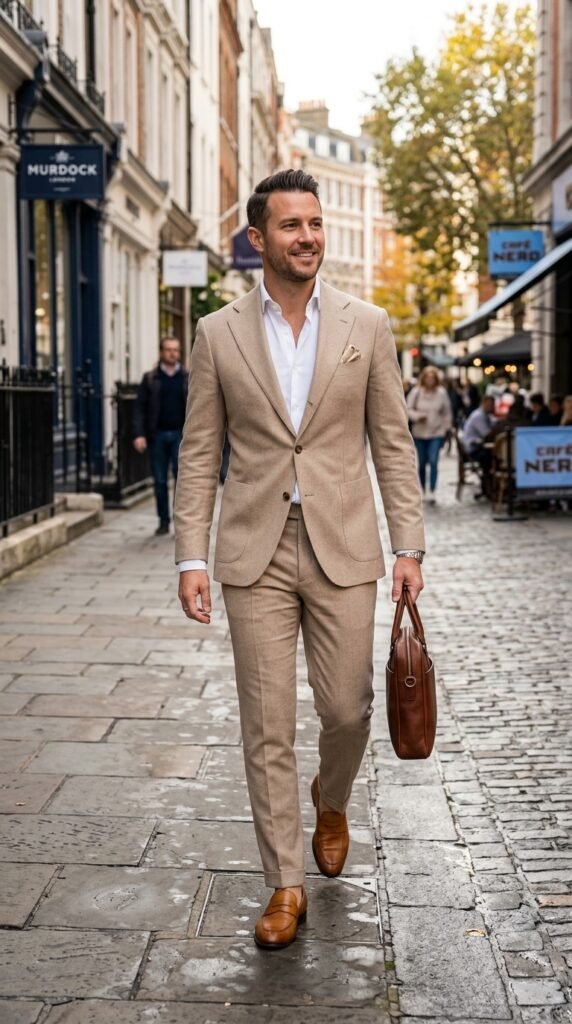 This image captures a confident businessman walking down a charming cobblestone street, exuding style and professionalism in his tan suit. The blurred background highlights the subject, while the urban setting adds a sense of modernity and sophistication. The image is perfect for commercial or editorial use, representing success, fashion, and career-driven individuals.