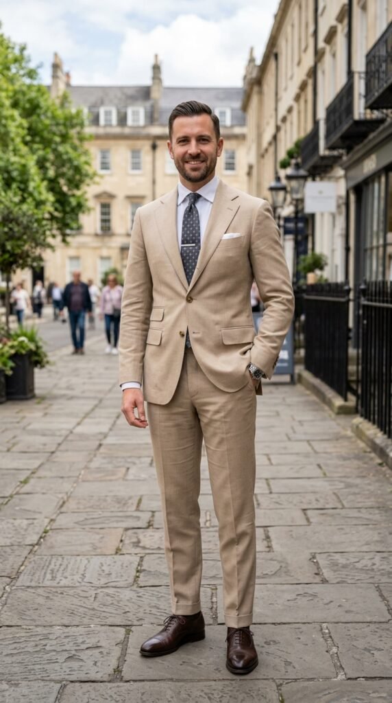 This image captures a stylish man in his mid-30s walking down a bustling city street, exuding confidence and professionalism. He is dressed in a beige suit, complemented by a white shirt, dark blue tie, and brown leather shoes. A matching briefcase is held in his hand, and a watch adorns his wrist. The urban background features tall buildings, shops, cafes, and people going about their daily business. The overall atmosphere is one of modernity and sophistication, making this image perfect for use in advertising, marketing, or editorial content related to fashion, business, or lifestyle.