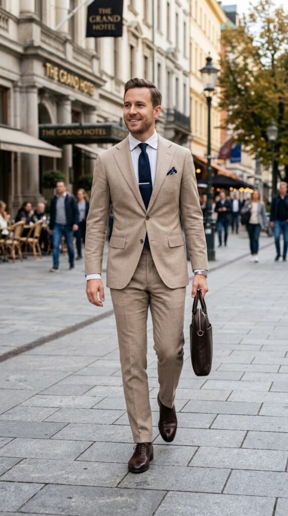 This image captures a stylish man in his mid-30s walking down a bustling city street, exuding confidence and professionalism. He is dressed in a beige suit, complemented by a white shirt, dark blue tie, and brown leather shoes. A matching briefcase is held in his hand, and a watch adorns his wrist. The urban background features tall buildings, shops, cafes, and people going about their daily business. The overall atmosphere is one of modernity and sophistication, making this image perfect for use in advertising, marketing, or editorial content related to fashion, business, or lifestyle.