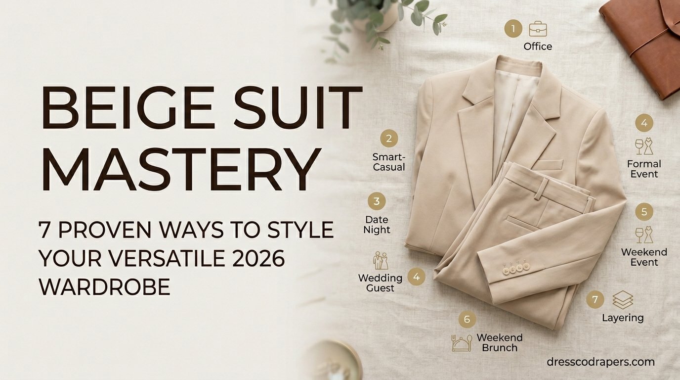 This image showcases a beige suit with various styling options for a versatile 2026 wardrobe. The suit is laid out with labels indicating different occasions such as office, formal event, smart casual, date night, wedding guest, weekend brunch, and layering. The image is part of an article titled 'Beige Suit Mastery: 7 Proven Ways to Style Your Versatile 2026 Wardrobe'. The overall aesthetic is modern, elegant, and sophisticated, making it perfect for business or professional use.