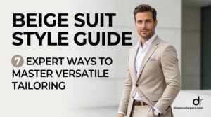 This image features a well-dressed man in a beige suit, exuding confidence and style. He stands in a modern setting with a blurred background, drawing attention to his outfit and charismatic presence. The image appears to be part of a fashion guide or advertisement, showcasing the versatility of a beige suit and the art of tailoring. The man's smile and watch add a touch of personality to the photo, making it suitable for commercial or editorial use.