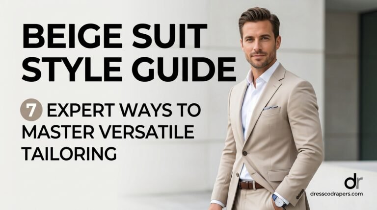 This image features a well-dressed man in a beige suit, exuding confidence and style. He stands in a modern setting with a blurred background, drawing attention to his outfit and charismatic presence. The image appears to be part of a fashion guide or advertisement, showcasing the versatility of a beige suit and the art of tailoring. The man's smile and watch add a touch of personality to the photo, making it suitable for commercial or editorial use.