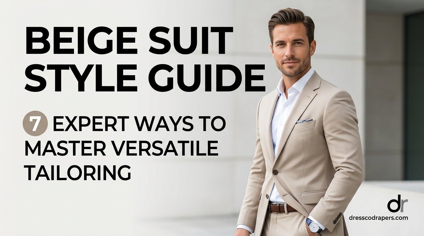 This image features a well-dressed man in a beige suit, exuding confidence and style. He stands in a modern setting with a blurred background, drawing attention to his outfit and charismatic presence. The image appears to be part of a fashion guide or advertisement, showcasing the versatility of a beige suit and the art of tailoring. The man's smile and watch add a touch of personality to the photo, making it suitable for commercial or editorial use.