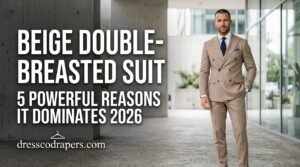 This image features a confident businessman wearing a beige double-breasted suit, standing in a modern office building with a sleek glass facade. The man exudes professionalism and style, with a hint of sophistication and luxury. The image is perfect for use in business and marketing materials, such as advertisements, websites, and social media posts, to convey a sense of success, leadership, and high-end fashion. The image showcases the businessman's attire, including his suit, tie, and accessories, highlighting the latest trends in menswear and fashion. The modern office setting provides a clean and contemporary backdrop for the businessman, emphasizing his confidence and poise.
