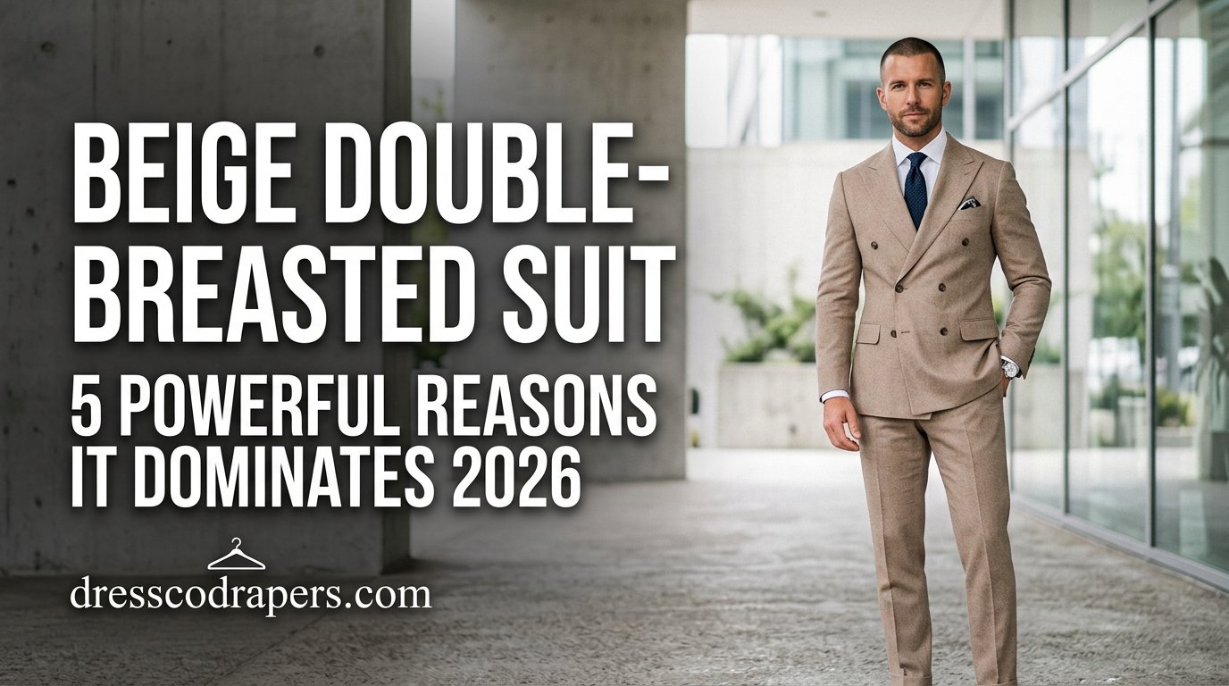 This image features a confident businessman wearing a beige double-breasted suit, standing in a modern office building with a sleek glass facade. The man exudes professionalism and style, with a hint of sophistication and luxury. The image is perfect for use in business and marketing materials, such as advertisements, websites, and social media posts, to convey a sense of success, leadership, and high-end fashion. The image showcases the businessman's attire, including his suit, tie, and accessories, highlighting the latest trends in menswear and fashion. The modern office setting provides a clean and contemporary backdrop for the businessman, emphasizing his confidence and poise.