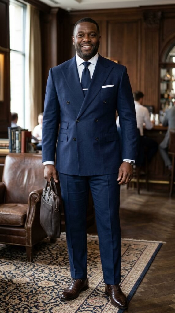 Big and tall double-breasted suit in navy with peak lapels and structured shoulders
