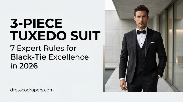 A well-dressed man in a tuxedo standing confidently in a modern building