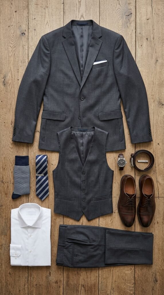 Complete outfit layout showing how to style a 3-piece suit on a budget with quality accessories