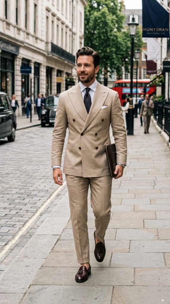 This image captures a stylish businessman strolling down a bustling city street, exuding confidence and professionalism. He is dressed in a tan suit, complemented by a crisp white shirt, dark tie, and sleek black shoes. The urban backdrop features a mix of old and new buildings, with people, cars, and a red double-decker bus adding to the vibrant atmosphere. The scene conveys a sense of modernity, sophistication, and elegance, making it suitable for use in business, finance, and lifestyle contexts.