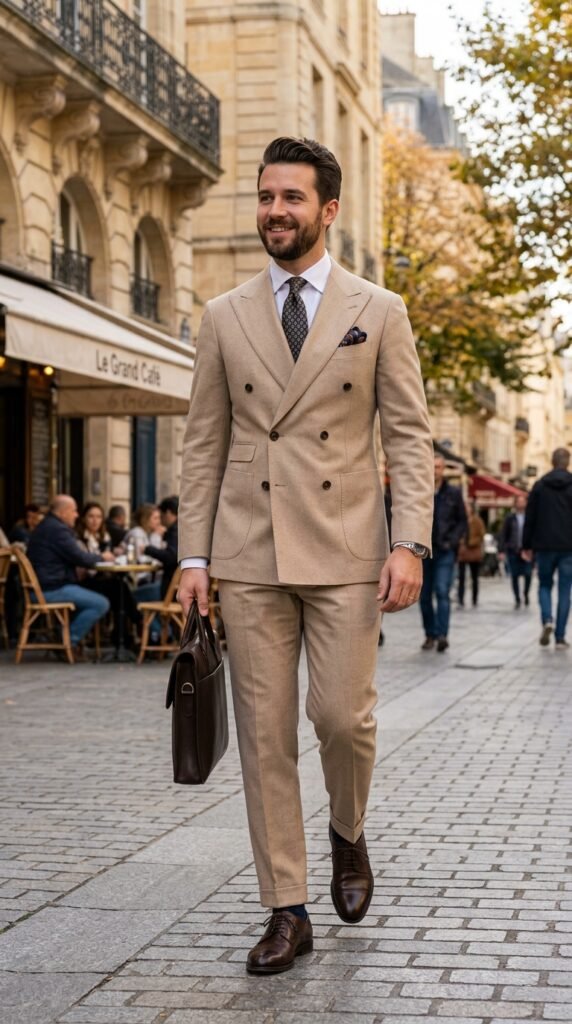 This image captures a stylish businessman strolling down a charming cobblestone street in a European city. He is dressed in a tan double-breasted suit, complemented by a crisp white shirt, patterned tie, and a pocket square. His dark hair is neatly styled, and he sports a well-groomed beard. The businessman carries a black leather briefcase in his hand, adding to his professional demeanor. In the background, people can be seen enjoying outdoor seating at a cafe, surrounded by historic buildings and trees with autumnal foliage. The scene exudes a sense of sophistication and urban elegance.