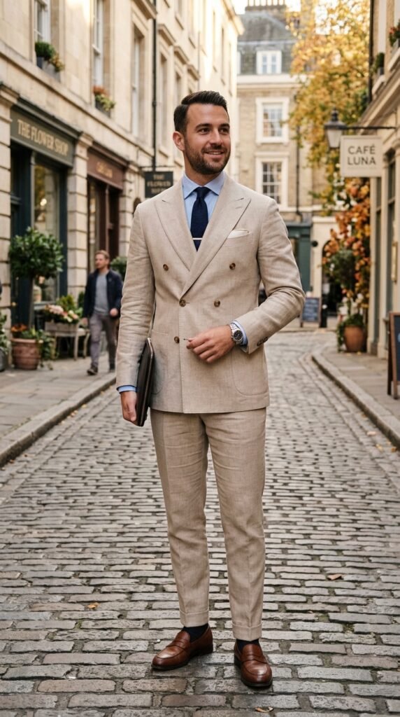 This image captures a stylish businessman walking down a picturesque cobblestone street in an urban setting. He is dressed in a beige suit, complemented by a blue shirt, dark tie, and brown leather shoes. The man exudes confidence as he holds a briefcase in one hand and checks his watch with the other. The background features charming buildings, shops, and cafes, with trees displaying autumn foliage. The scene is set during the daytime, with natural light illuminating the scene. The image conveys a sense of professionalism, style, and urban sophistication.