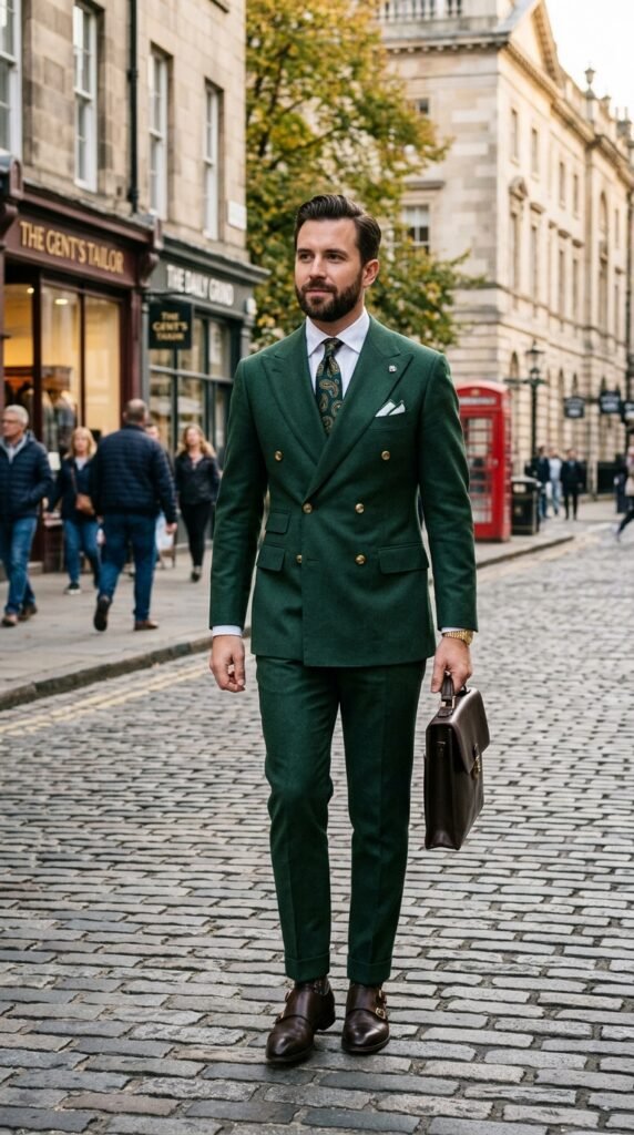 This image captures a stylish businessman walking down a charming cobblestone street, exuding confidence and sophistication. He is dressed in a modern green suit, complete with a crisp white shirt, patterned tie, and sleek brown shoes. The urban backdrop features historic buildings, people milling about, and a red telephone booth, adding to the scene's authenticity and charm. The image conveys a sense of luxury, elegance, and refinement, making it perfect for use in advertising, marketing, or editorial content focused on fashion, business, or travel.