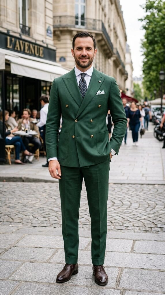 This image captures a stylish man in his 30s or 40s, dressed in a dark green double-breasted suit, standing confidently on a cobblestone city street. He has short dark hair and a well-groomed beard, and is wearing a white shirt, patterned tie, and brown leather shoes. The background features a bustling urban scene with people sitting at outdoor cafes, trees, and a mix of old and new buildings. The overall atmosphere is one of sophistication and elegance, suggesting a high-end fashion or business setting.
