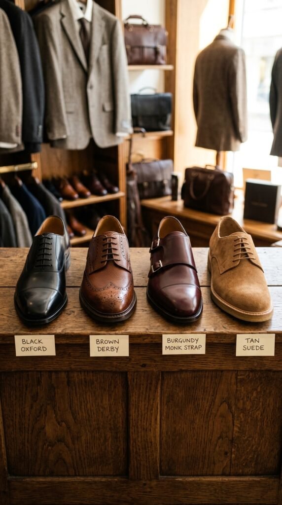 Dress shoe options to pair a 3-piece suit with &mdash; Oxford, Derby, monk strap, and suede selections