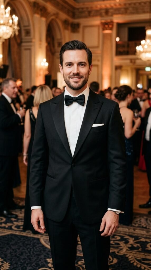This image captures a moment of elegance and sophistication at a formal event. The man in the foreground, dressed in a sleek black tuxedo, exudes confidence and charm as he stands amidst a crowd of guests. The luxurious interior, complete with ornate chandeliers and a beautifully designed carpet, adds to the ambiance of refinement and culture. The atmosphere is one of celebration and joy, with the man's smile and poised demeanor embodying the spirit of the occasion.