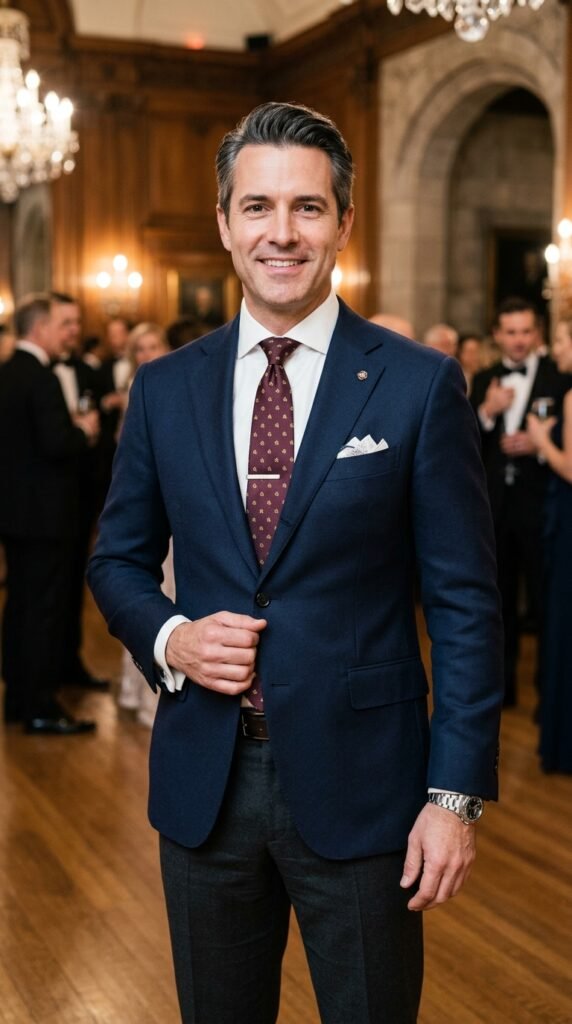 A confident businessman smiling in a formal event with a crowd in the background. He is wearing a navy blue suit, white shirt, and maroon tie. The event appears to be a formal gathering or celebration, with a chandelier and stone archway in the background. The atmosphere is professional and corporate, suggesting a business conference, seminar, or networking event.