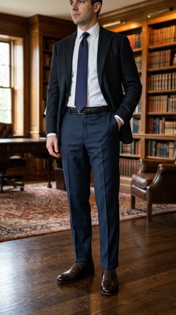 This image features a stylishly dressed businessman standing in a high-end office library. He wears a sleek black suit, crisp white shirt, and dark blue tie, exuding confidence and professionalism. The luxurious setting includes a large bookshelf, leather chair, and wooden desk, creating an atmosphere of sophistication and refinement. The image is perfect for use in business and finance-related contexts, such as corporate websites, marketing materials, and presentations.