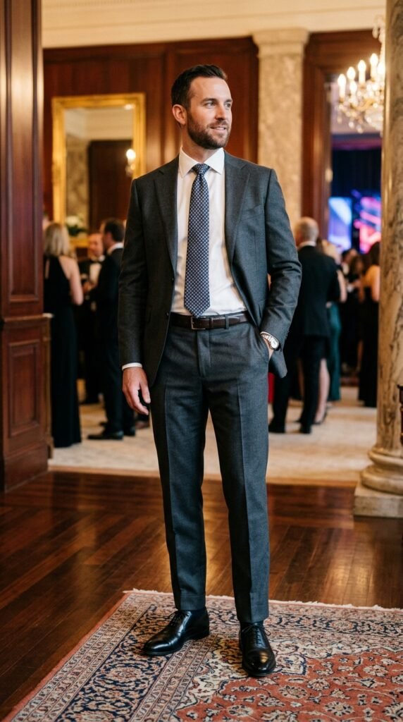 This image captures a confident businessman standing in a luxurious event space, surrounded by people in the background. The interior design features dark wood floors, elegant chandeliers, and a stylish rug. The atmosphere suggests a high-end corporate event, networking reception, or luxurious party. The businessman's formal attire and confident posture convey a sense of professionalism and success.