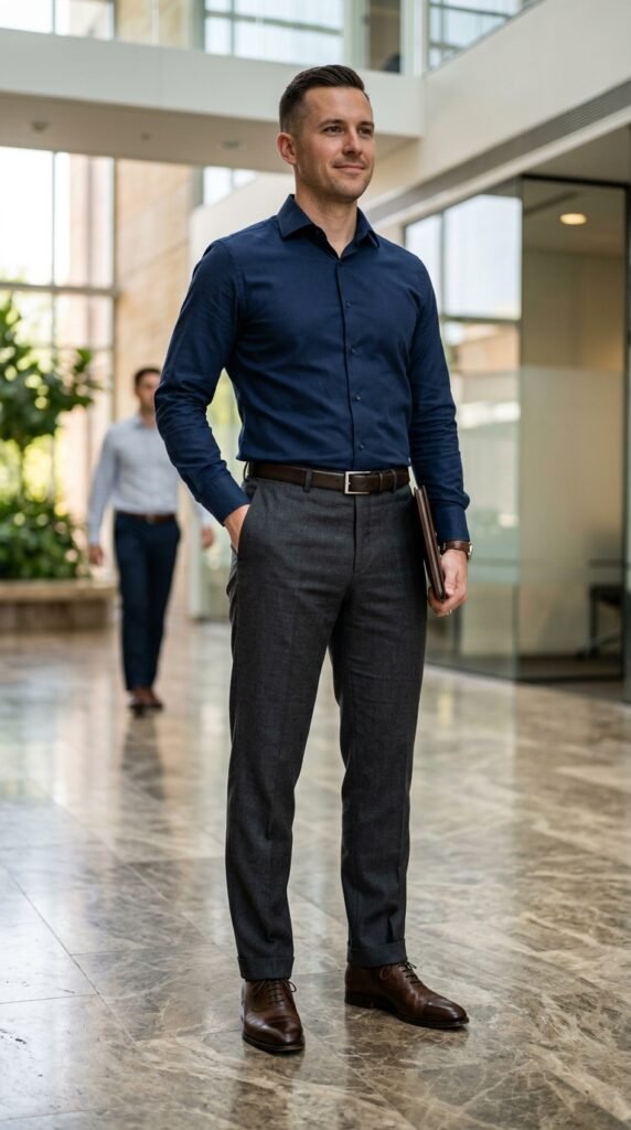 This image captures a confident businessman standing in a modern office building, exuding professionalism and poise. He is dressed in formal attire, complete with a suit, belt, and leather shoes, and holds a briefcase in one hand while having the other in his pocket. The blurred colleague in the background adds a sense of movement and activity to the scene. The office interior features large glass walls, a marble floor, and a plant, creating a bright and welcoming atmosphere. The image conveys a sense of success, sophistication, and business acumen, making it suitable for use in corporate marketing materials, presentations, or websites.