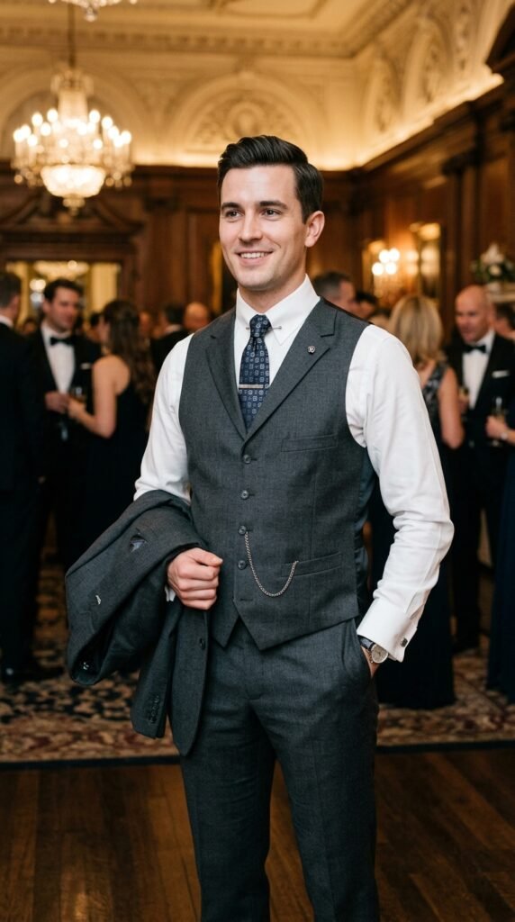 This image captures a stylishly dressed man standing in a luxurious event space, exuding confidence and sophistication. He is dressed in a gray suit, white shirt, and patterned tie, with his jacket draped over his arm. The background is blurred, but it appears to be a high-end venue with a chandelier, wood paneling, and a crowd of people in formal attire. The overall atmosphere suggests a business networking event, conference, or celebration. The image conveys a sense of elegance, refinement, and professionalism, making it suitable for use in various commercial contexts.