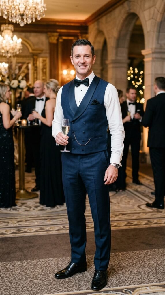 This image captures a man in his element at a formal event, surrounded by friends and colleagues. He exudes confidence and sophistication in his blue suit, white dress shirt, and black bowtie. The luxurious setting, complete with a chandelier and elegant archway, adds to the sense of refinement and glamour. The man's smile and relaxed posture convey a sense of enjoyment and comfort in his surroundings. This image would be perfect for use in business or social contexts where a sense of style and sophistication is desired.