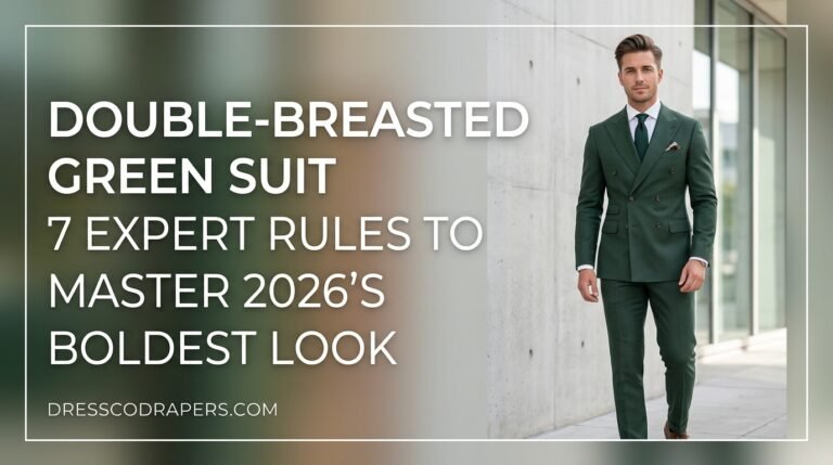 This image captures a stylish man in his 30s or 40s, dressed in a dark green double-breasted suit, standing confidently on a cobblestone city street. He has short dark hair and a well-groomed beard, and is wearing a white shirt, patterned tie, and brown leather shoes. The background features a bustling urban scene with people sitting at outdoor cafes, trees, and a mix of old and new buildings. The overall atmosphere is one of sophistication and elegance, suggesting a high-end fashion or business setting.