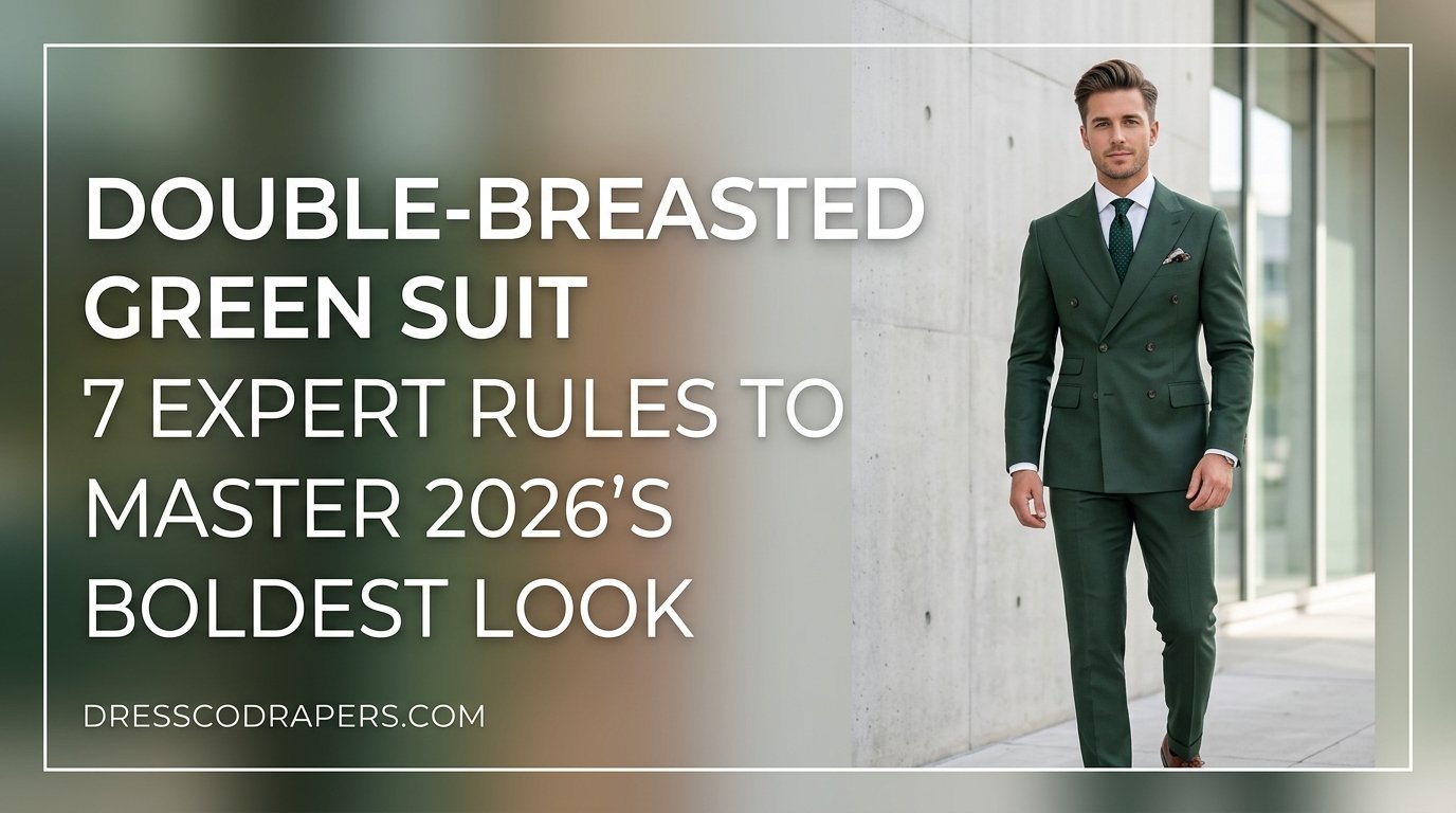 This image captures a stylish man in his 30s or 40s, dressed in a dark green double-breasted suit, standing confidently on a cobblestone city street. He has short dark hair and a well-groomed beard, and is wearing a white shirt, patterned tie, and brown leather shoes. The background features a bustling urban scene with people sitting at outdoor cafes, trees, and a mix of old and new buildings. The overall atmosphere is one of sophistication and elegance, suggesting a high-end fashion or business setting.