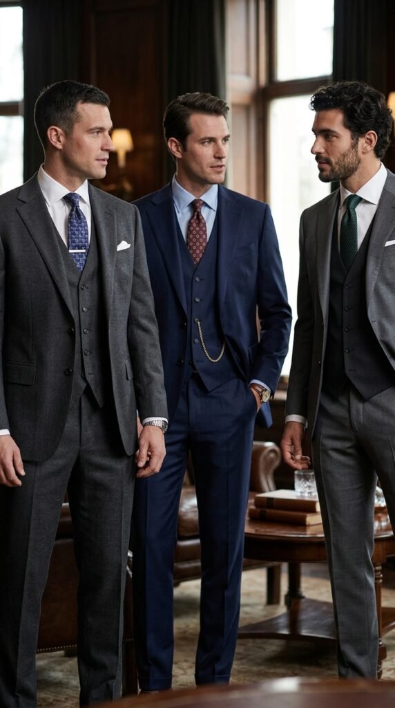 This image captures three well-dressed businessmen in suits standing in a luxurious office environment. The men are dressed in formal attire, with two wearing gray suits and one wearing a navy blue suit. They are standing in front of a large window with a leather chair and wooden table in the background. The image conveys a sense of professionalism, elegance, and sophistication, making it suitable for use in business and corporate settings.