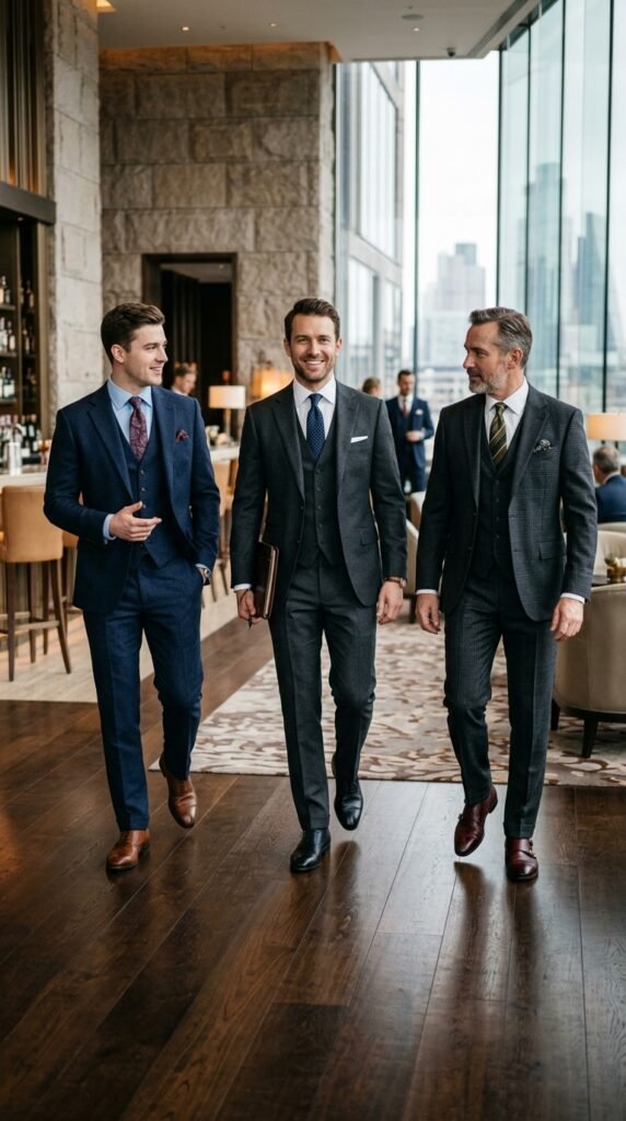 This image captures three businessmen walking together in a modern office building lobby, exuding confidence and professionalism. They are dressed in formal suits, engaged in conversation, and appear to be colleagues or friends. The lobby features a sleek, urban design with large windows, a stone wall, and a stylish rug. The atmosphere is one of sophistication and elegance, suggesting a high-end office space. The image conveys a sense of teamwork, collaboration, and leadership, making it suitable for use in business-related contexts, such as corporate websites, marketing materials, or presentations.