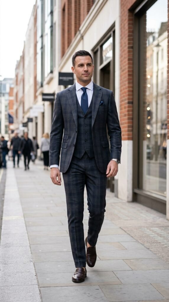 This image captures a confident businessman walking down a bustling city street, exuding a sense of professionalism and style. He is dressed in a modern suit, complete with a crisp white shirt and a tie, and his shoes are polished to perfection. The urban landscape provides a dynamic backdrop, with people milling about and buildings lining the sidewalk. The overall atmosphere is one of energy and motivation, suggesting a thriving business environment.