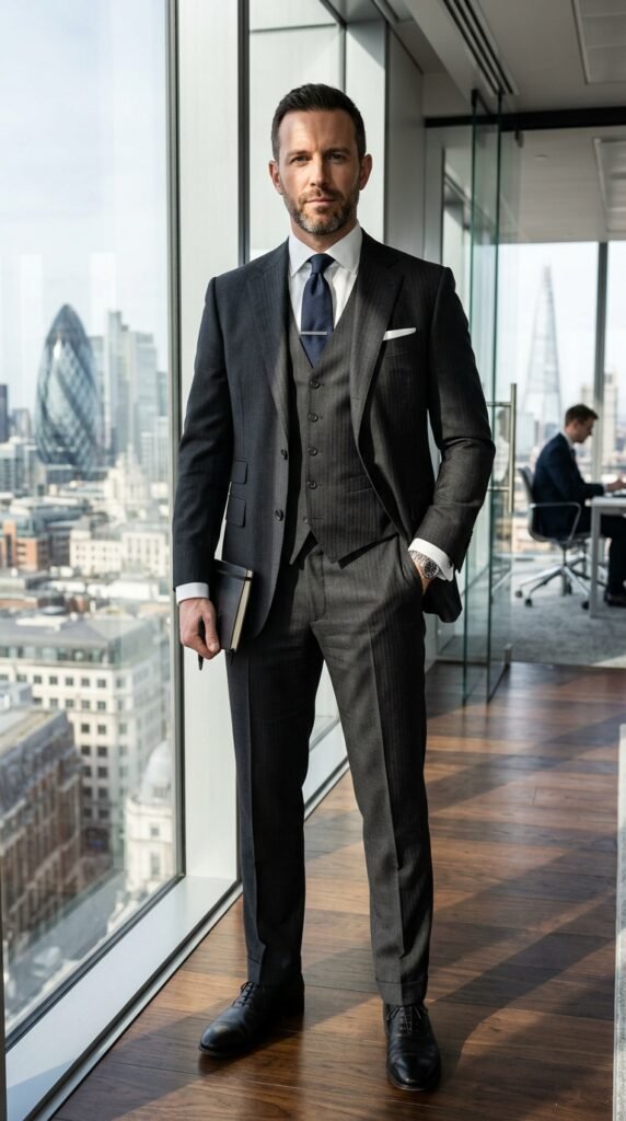 This image captures a confident businessman standing in a modern office with a stunning city view. He is dressed in a stylish suit, holding a briefcase in one hand and with the other hand in his pocket. The office features large glass windows, a wooden floor, and a modern interior design. The cityscape outside is visible through the window, adding a sense of urban sophistication to the scene. The image conveys a sense of professionalism, leadership, and success, making it suitable for use in business and finance-related contexts.